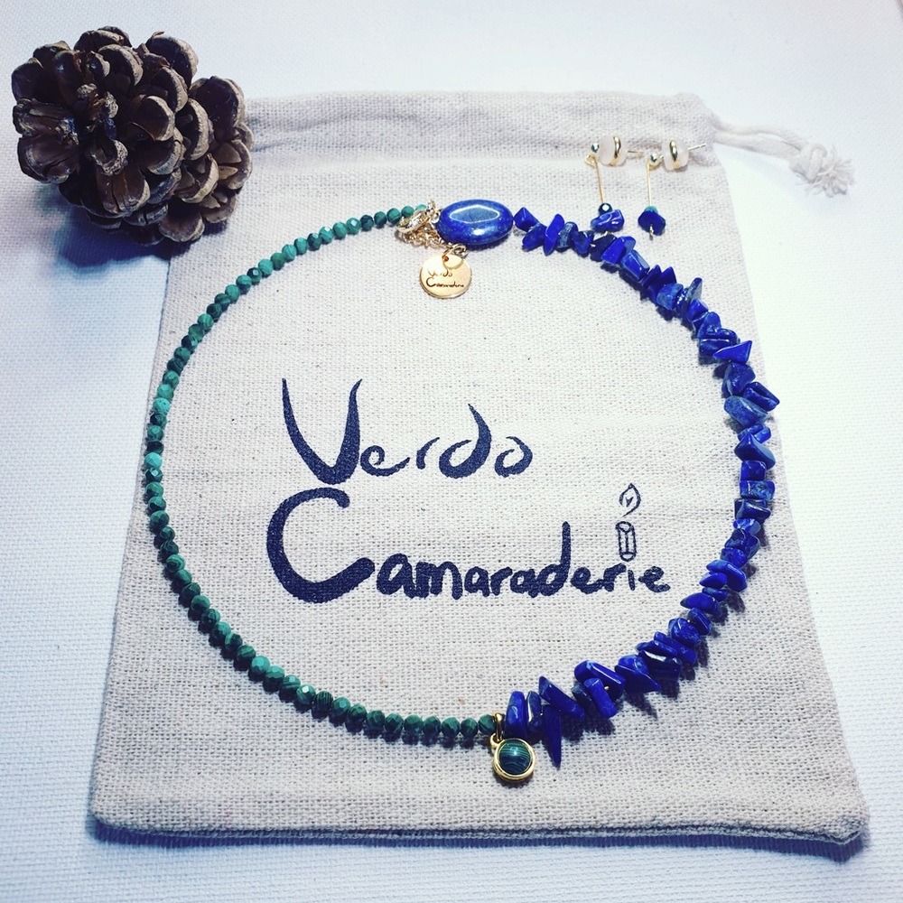 Lapis lazuli chips with Malachite beads, a sterling silver malachite pendant.
